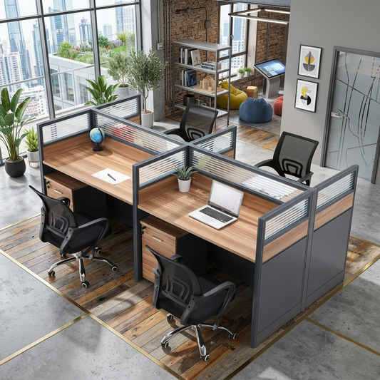 4-Way workstation desk for four users in a modern office setup