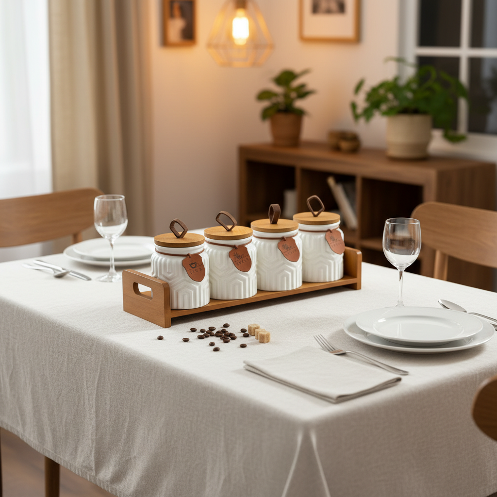 7 Piece Ceramic Storage Jar Set with Wooden Stand
