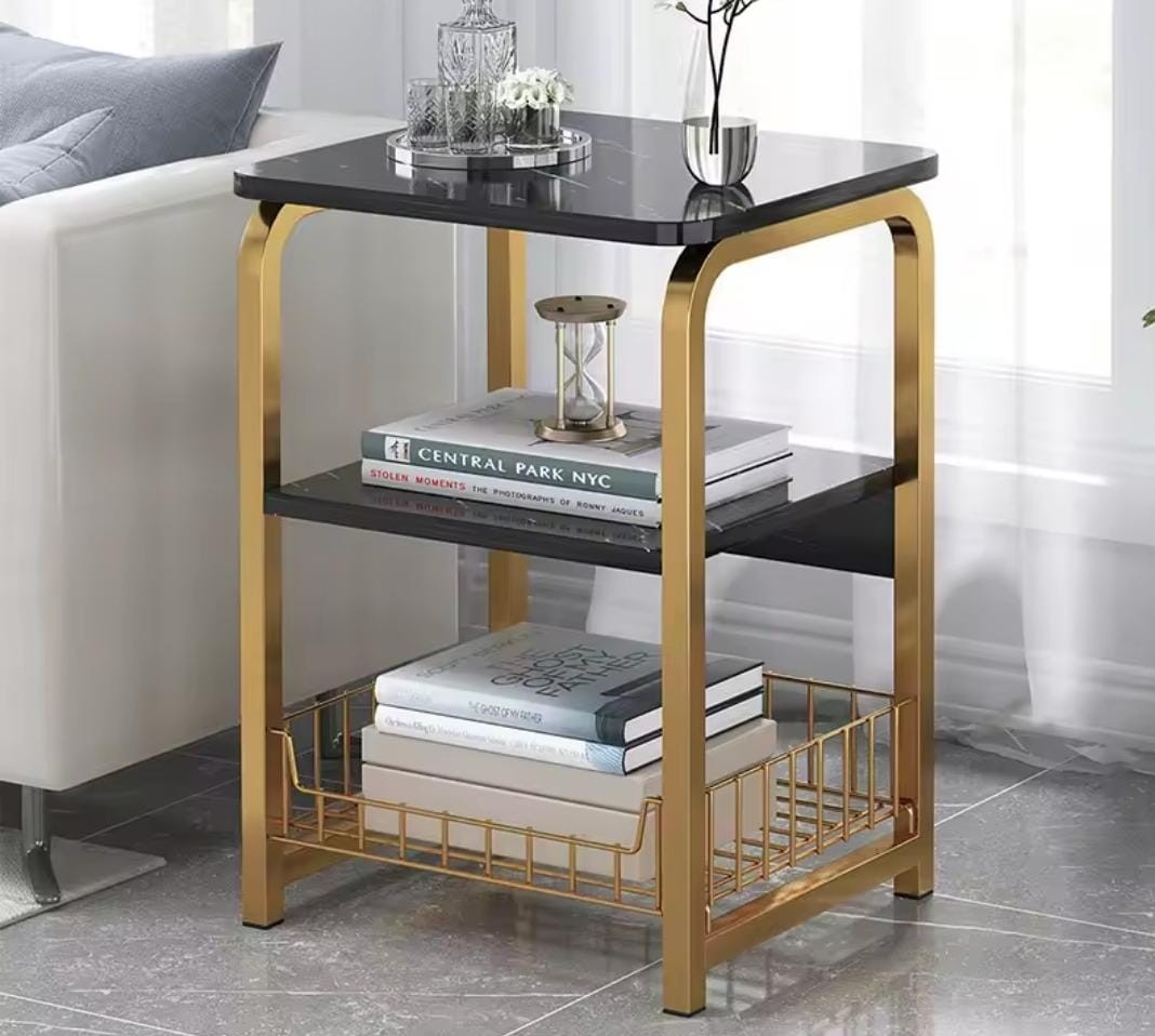 Elegant Nordic three-tier side table in white and black.