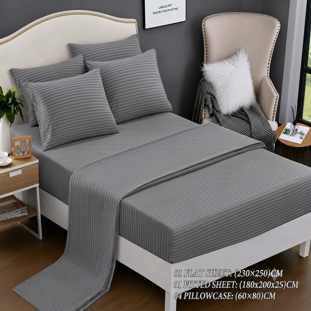 6 piece plain striped cotton fitted bedsheet set with flat and fitted sheets and four pillowcases in white and grey