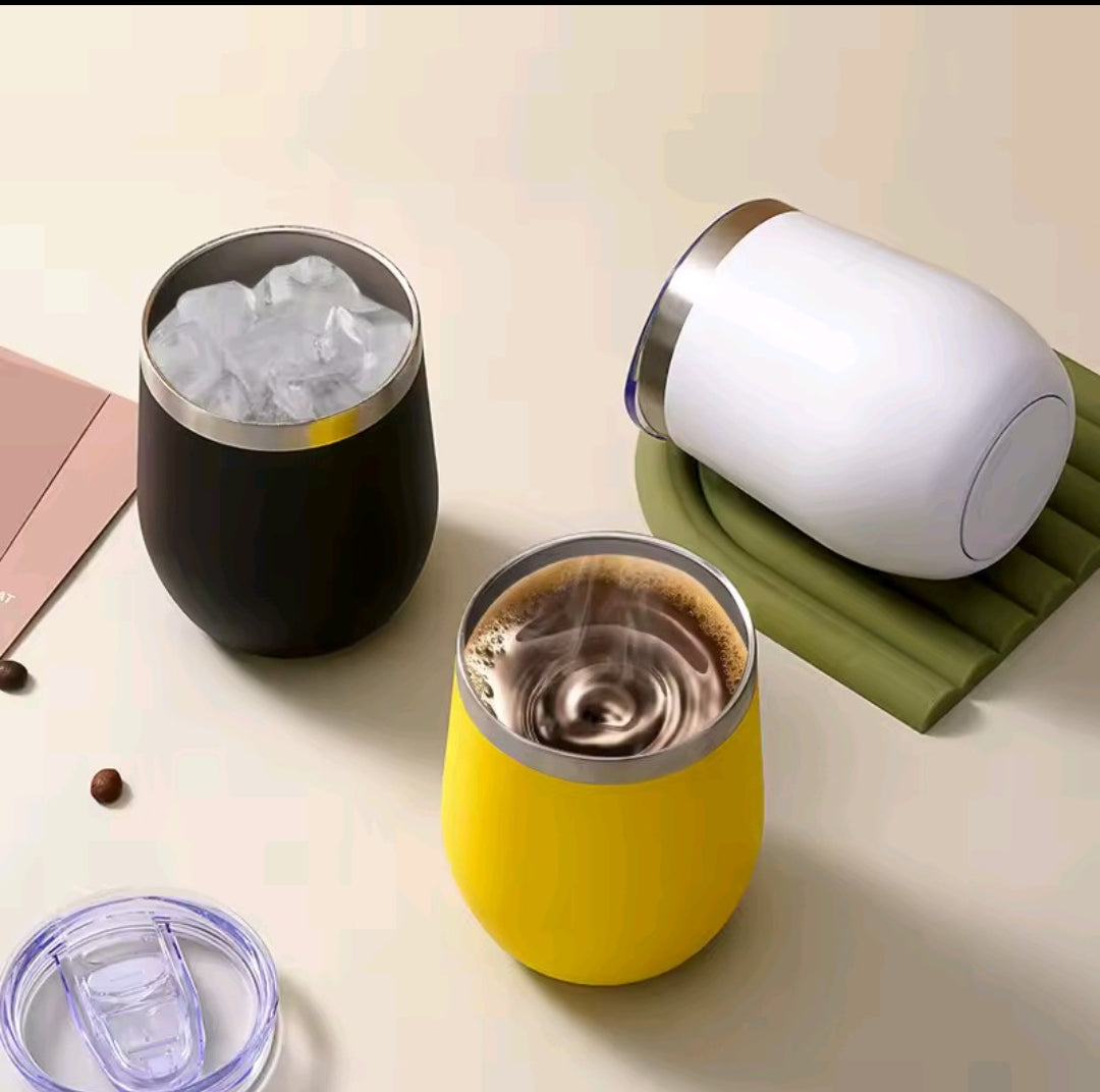 Sleek egg-shaped coffee mug with 380ml Capacity, portable and heat-retaining.