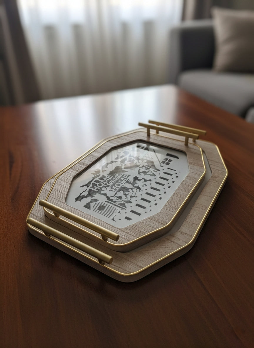 Nordic rectangular decorative tray set with wood and glass in two sizes.