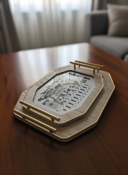 Nordic rectangular decorative tray set with wood and glass in two sizes.