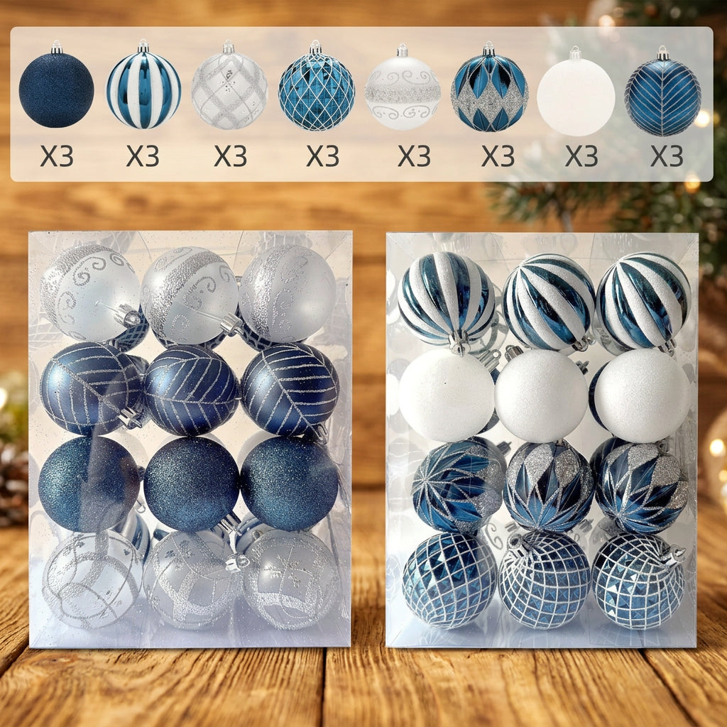 24 Piece 6cm Christmas Baubles Set with Assorted Finishes