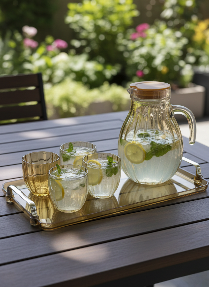 Glass jug set with matching glasses and tray in gold