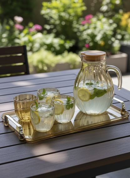 Glass jug set with matching glasses and tray in gold