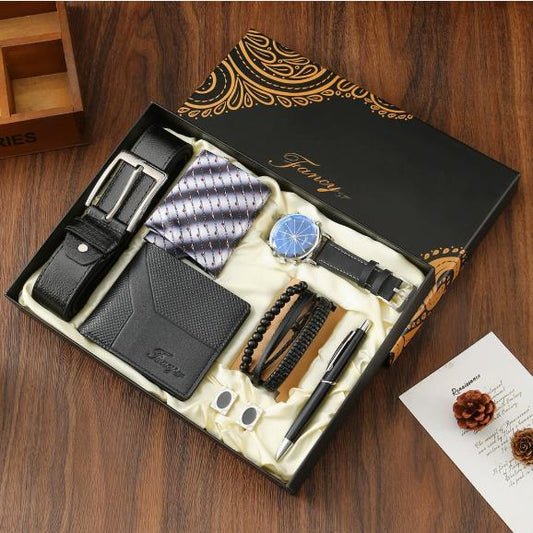 8 in 1 men gift set with watch, belt, wallet, tie, bracelets, pen, and cufflinks
