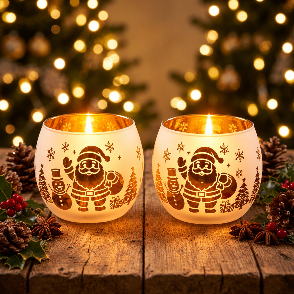 2Pc Glass Tealight Candle Holders Set with Christmas Prints