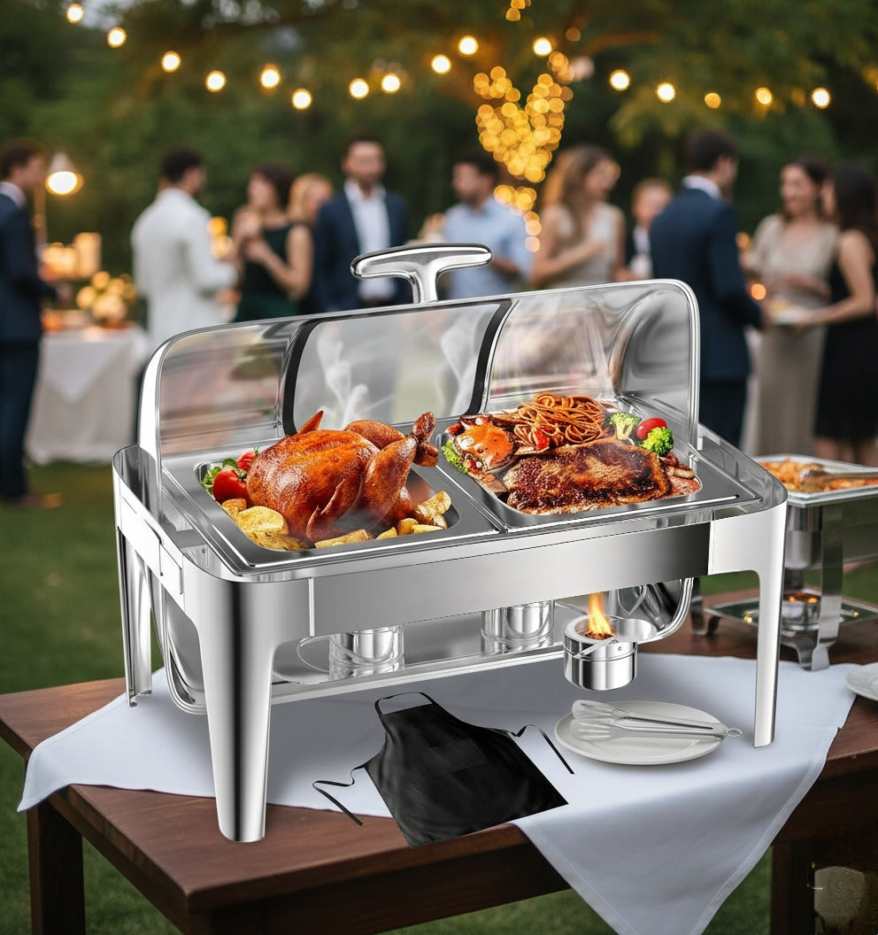 9L stainless steel silver roll top chafing dish food server set with glass window