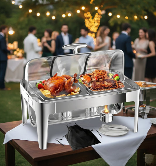 9L stainless steel silver roll top chafing dish food server set with glass window