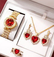 Four-piece red heart design ladies gift set including watch, necklace, earrings, and ring