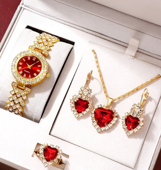 Four-piece red heart design ladies gift set including watch, necklace, earrings, and ring