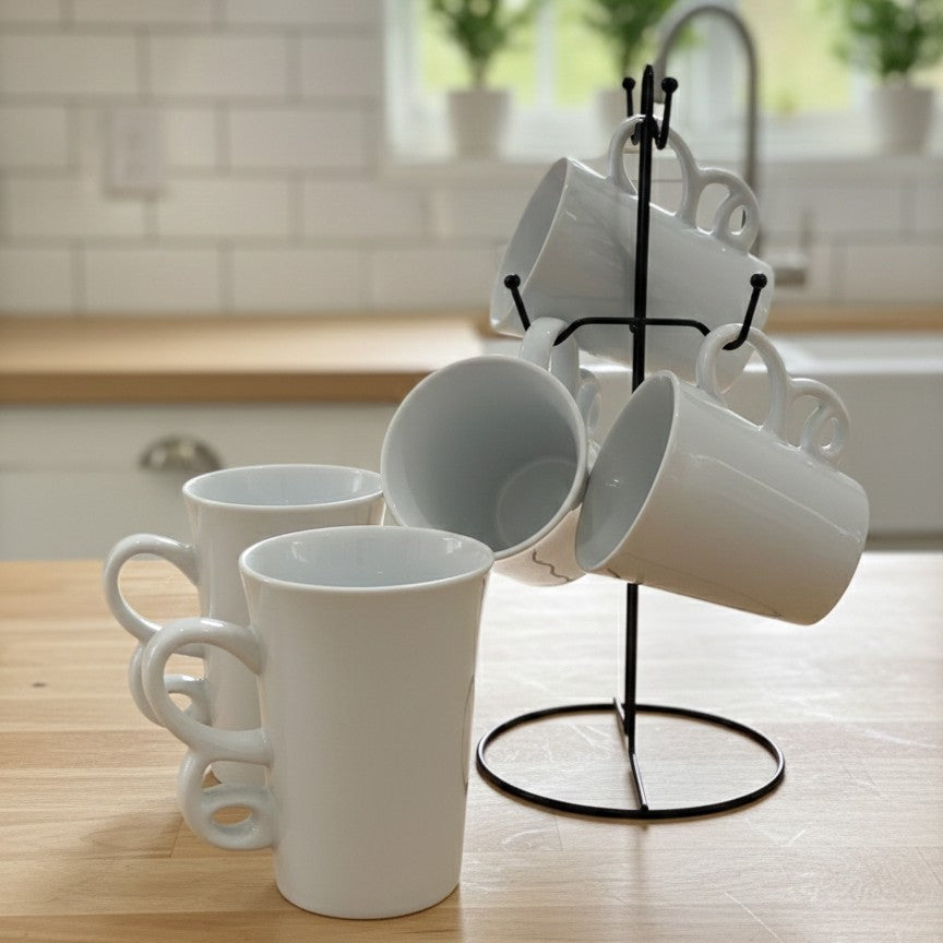 Set of six long modern mugs with solid design.