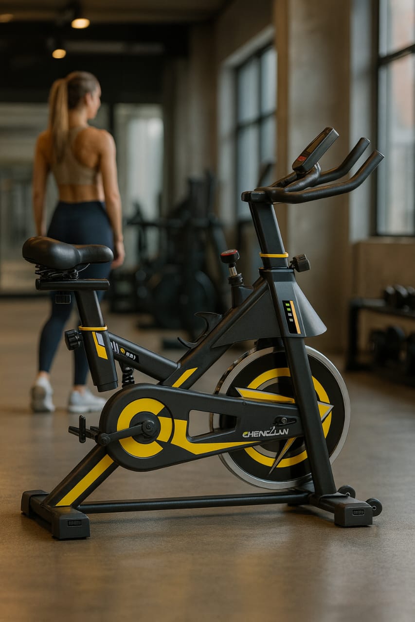 Spin exercise bike with Bluetooth, heart rate monitor, 10kg flywheel, and spring-enhanced seat for added comfort.