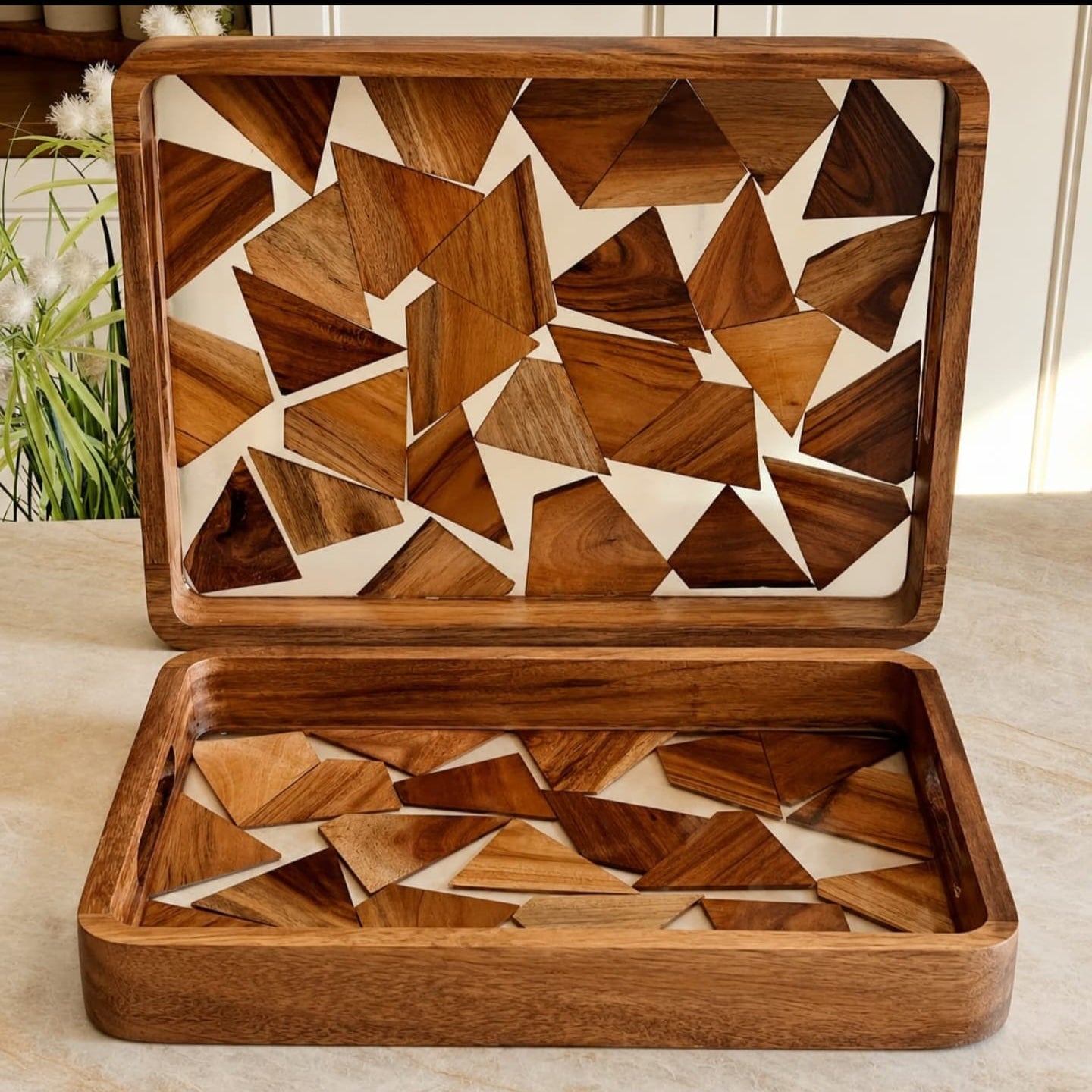 2Pc Elegant Wood Mosaic Serving Tray Set