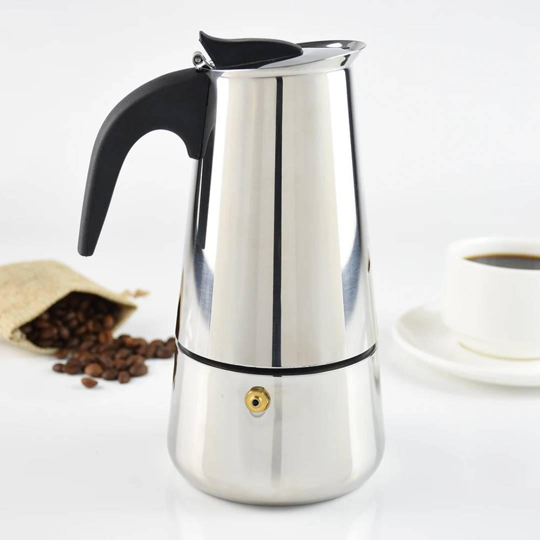 Stainless steel Italian espresso coffee maker with six cup capacity