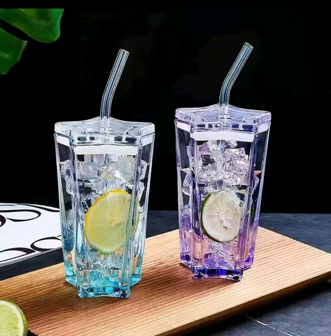 Heavy Duty Pentagonal Glass Tumbler with Straw