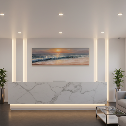 Framed Shore Landscape Printed Oil Painting Collection Featuring Hilly Shore, Sunset Shore, And Sunrise Shore Designs In Multiple Sizes