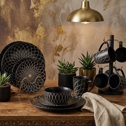 24pc Ceramic Dinner Set Black and White