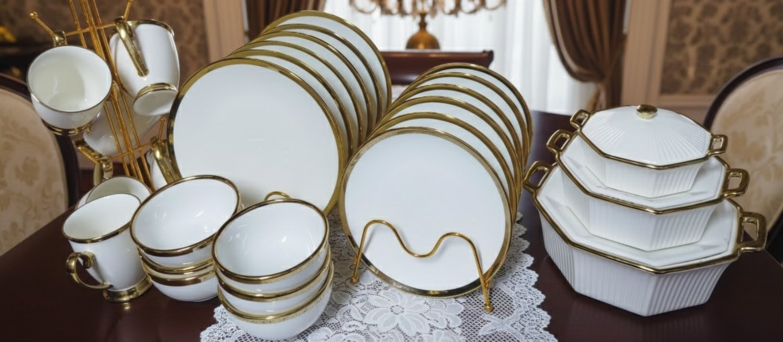 27-piece ceramic dinner set with plates, bowls, and cups