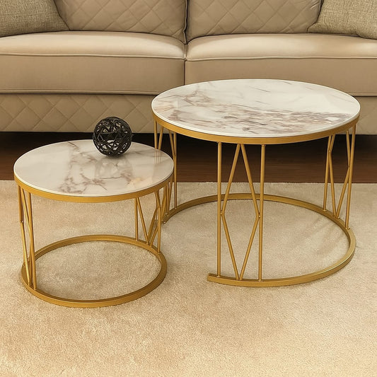 Two-piece pure marble nesting stool set with large and small stools