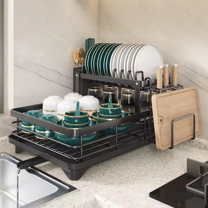 Carbon Metal Two Layer Dish Rack with Chopping and Cutlery Holder