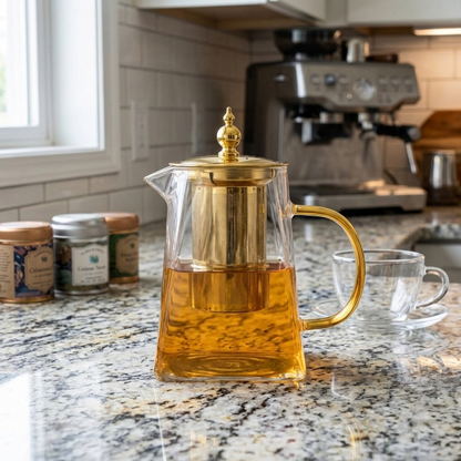 Heat resistant glass teapot with stainless steel infuser and square filter basket for brewing tea