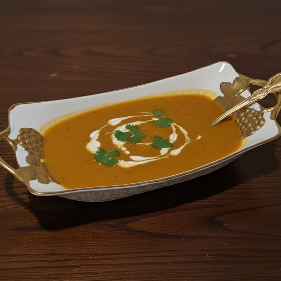 white and gold porcelain bowl with fruit details for serving soup or snacks