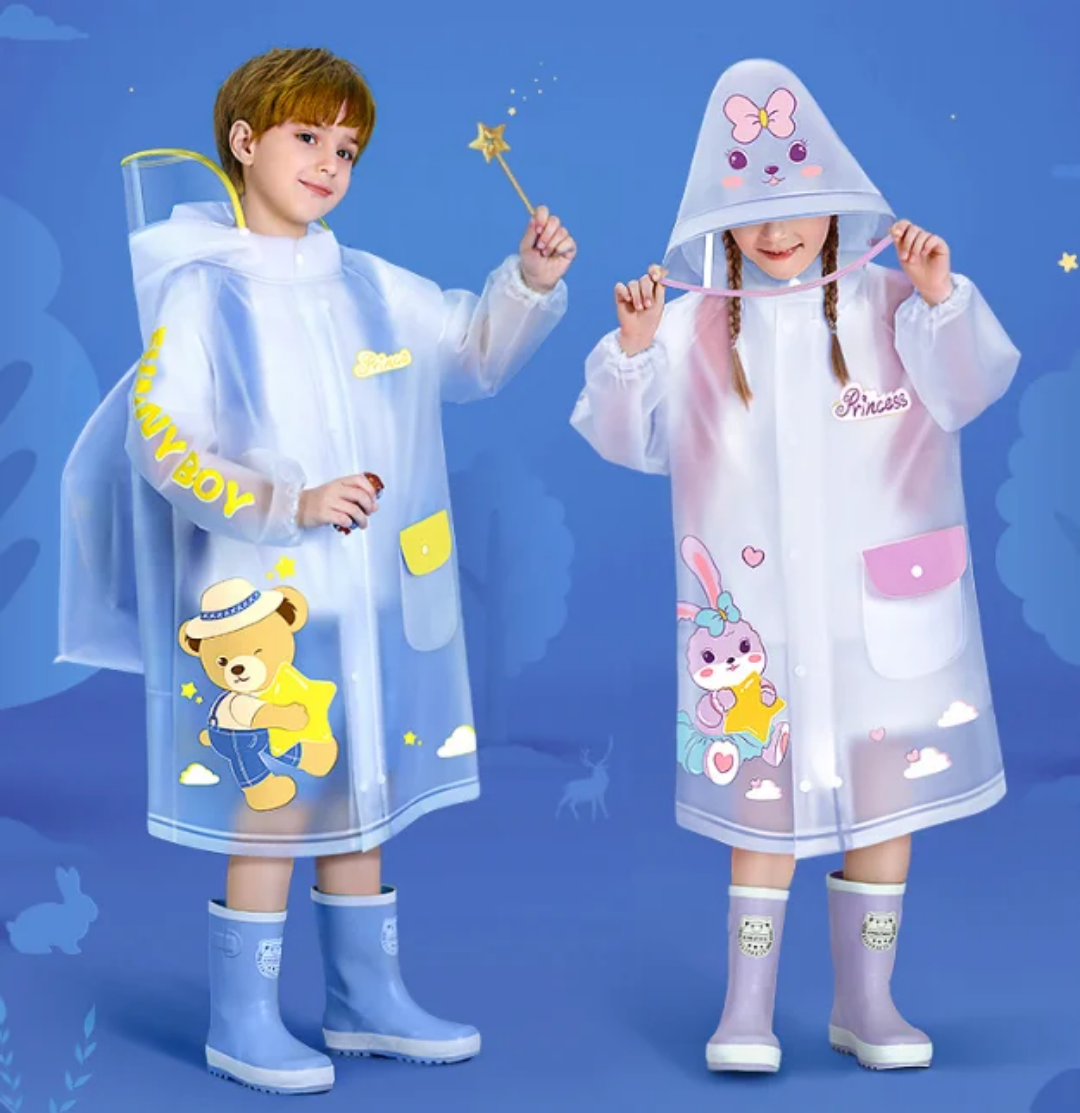 Children’s waterproof raincoat with wide brim hat for kids, available in multiple sizes