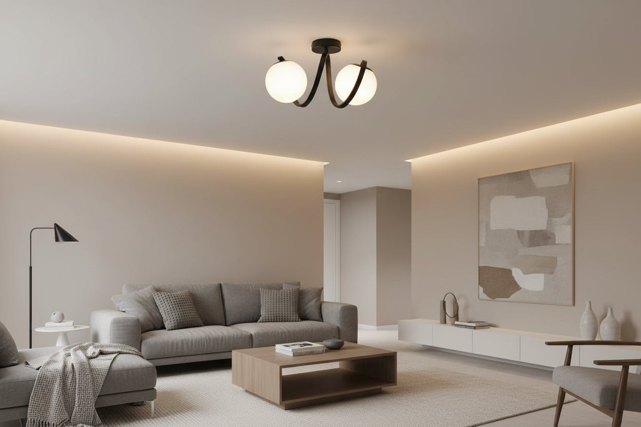 Double E27 indoor light fixture compatible with LED CFL and incandescent bulbs for residential and commercial interiors