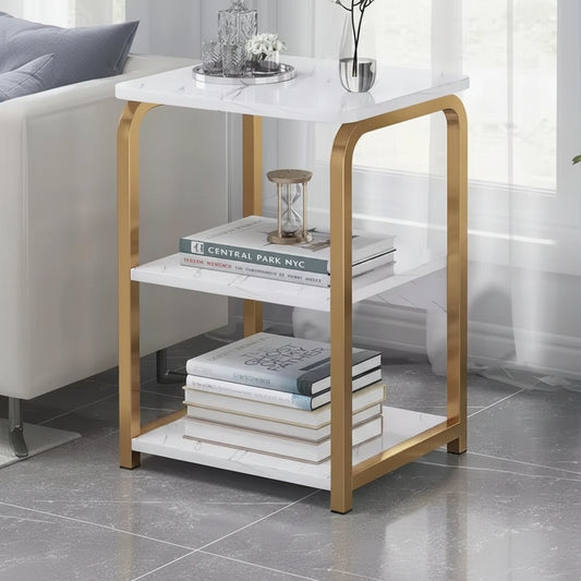 White Nordic 3-tier side table measuring 40 × 30 × 62 cm for bedside and living room storage and use