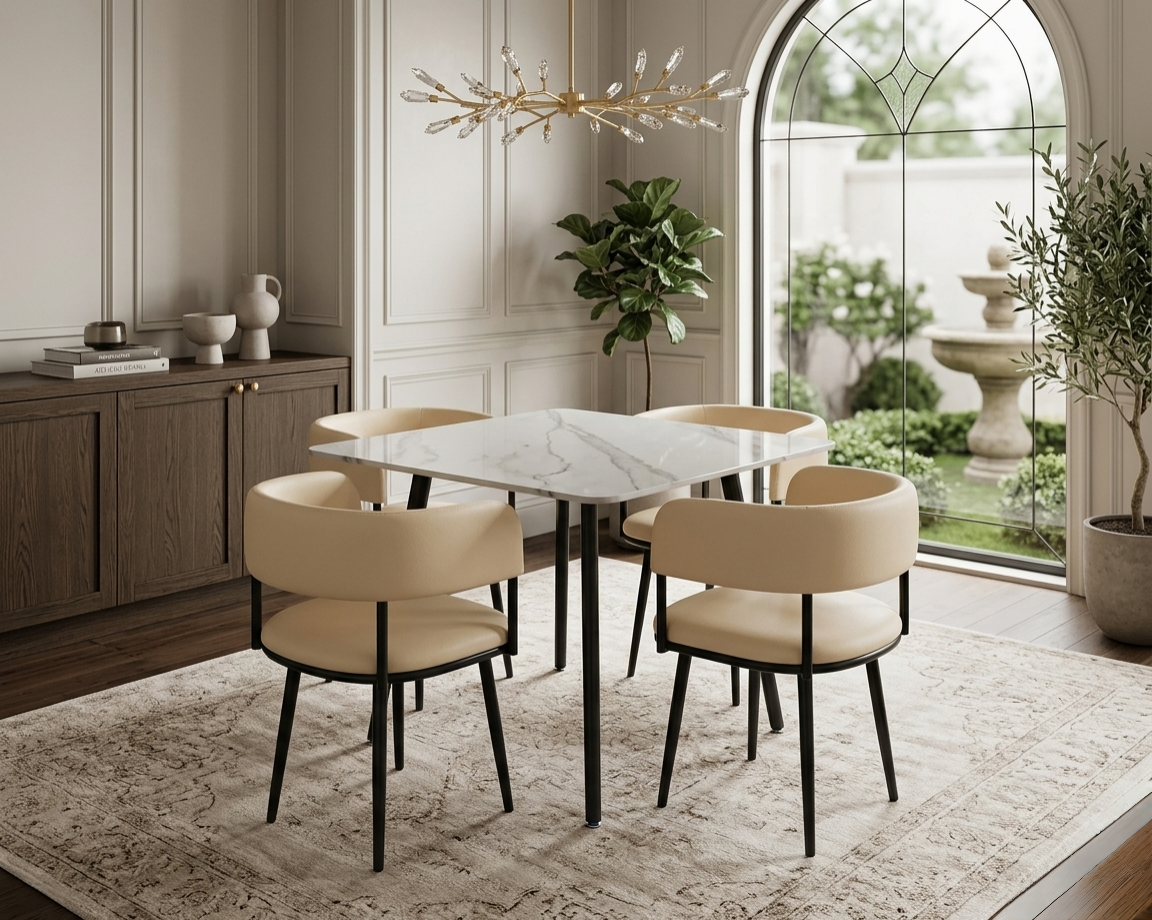 Modern marble 4 seater dining table with elegant curved edges for stylish home dining