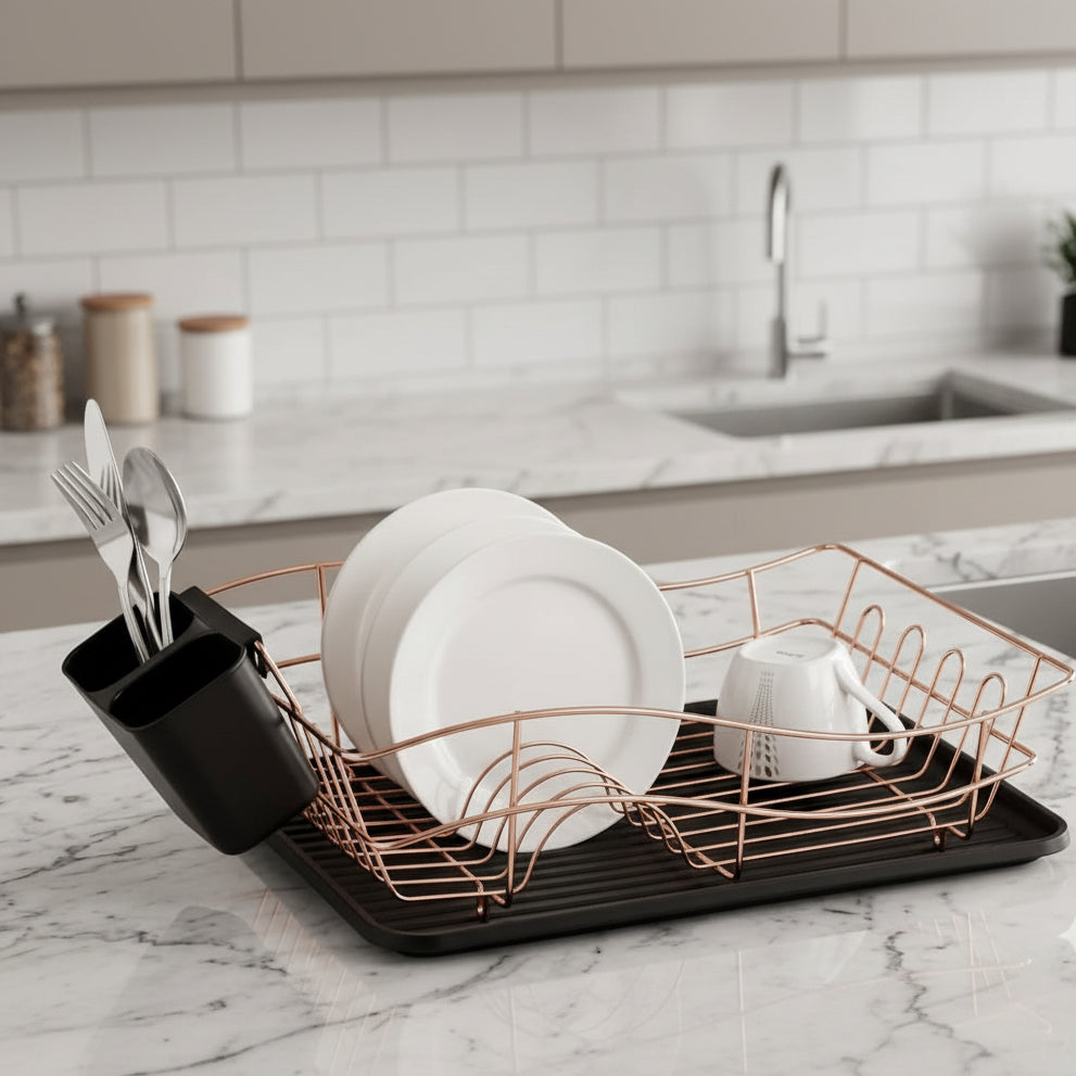Gold single layer dish rack for kitchen countertop drying and organization