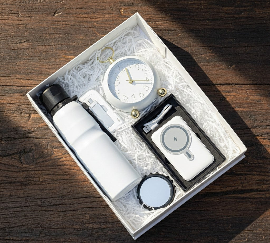 Five piece executive gift set with alarm clock, power bank, water bottle, flash disk, and magnetic holder