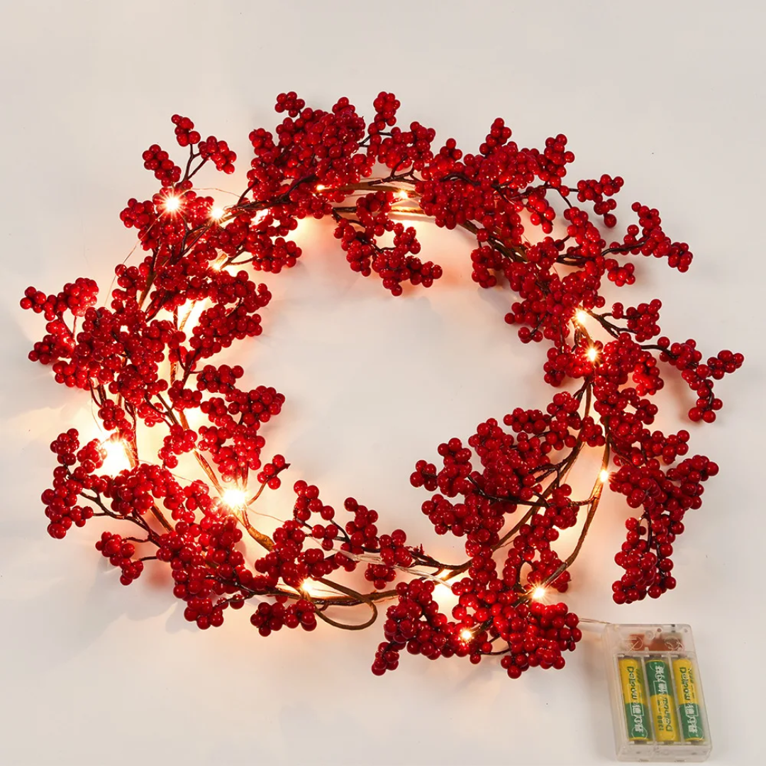 1.8M Red Berry Christmas Garland with Lights