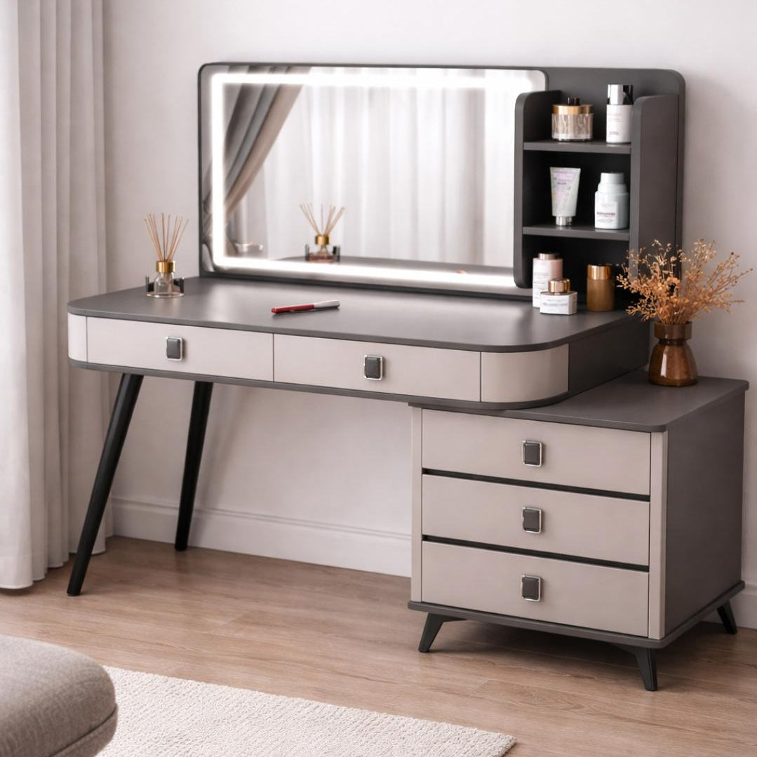 Bella dressing table with LED mirror, five drawers, and adjustable retractable vanity storage design. ✨