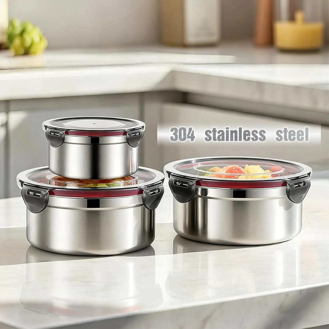 3 piece leakproof 304 stainless steel lunch box set for work, school, travel, and everyday meal storage.