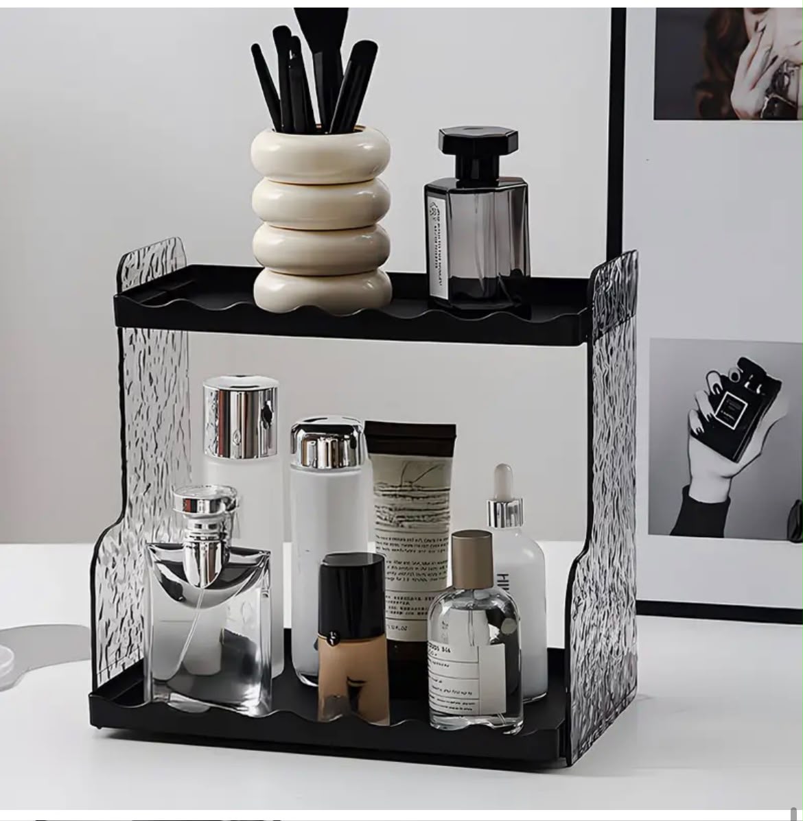Glacier pattern vanity and storage rack for cosmetics, toiletries, and small accessories
