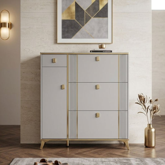 Slim grey flip shoe cabinet with bucket design, space saving shoe organizer for entryways