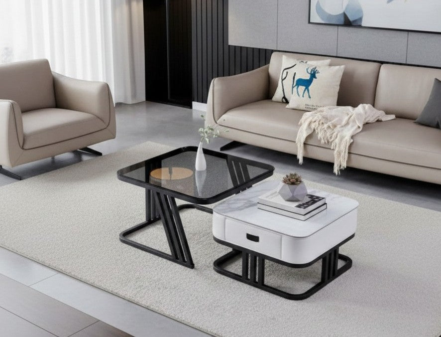 Two-piece modern nesting coffee table set with glass and marble-finish tops and black metal bases.