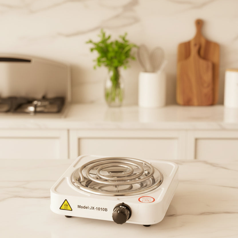 Portable single electric hotplate with adjustable temperature control and durable stainless steel surface