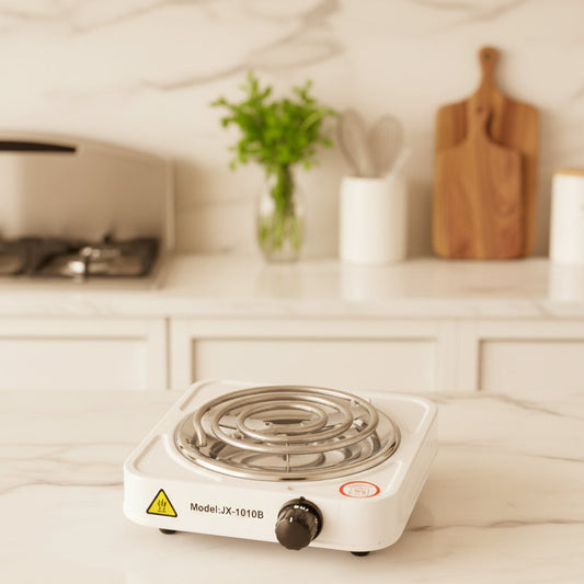 Portable single electric hotplate with adjustable temperature control and durable stainless steel surface