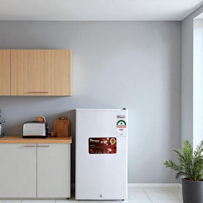 white 90l single door fridge with lock, glass shelf, and freezer compartment