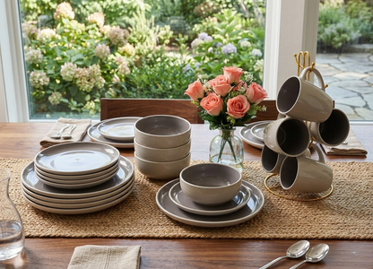 Berry gray 24 piece dinner set with cups, bowls, plates, and side plates, modern elegant tableware set