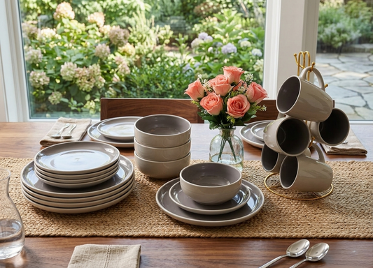 Berry gray 24 piece dinner set with cups, bowls, plates, and side plates, modern elegant tableware set