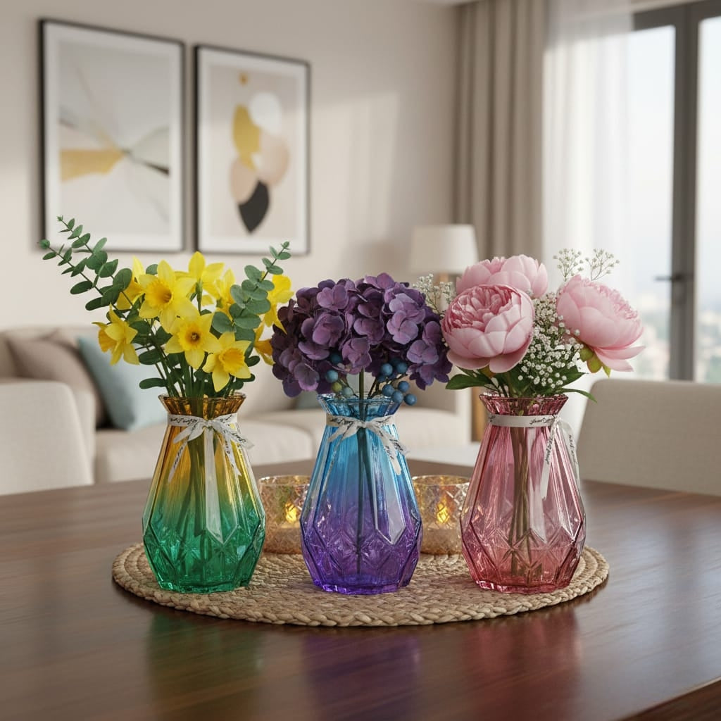 Three-piece diamond pattern colored glass vase set, 18cm height, for modern home décor.