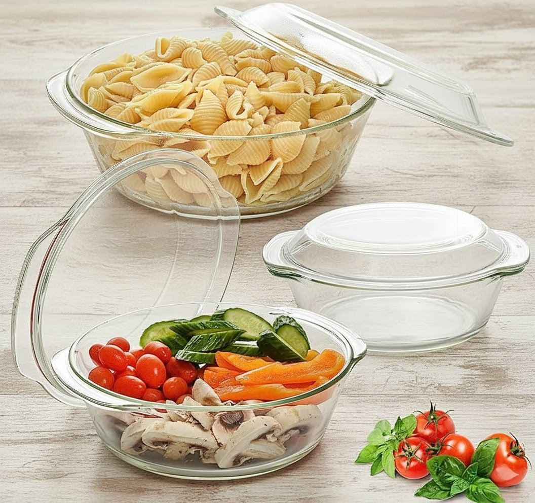 High Borosilicate 3pcs Glass Casserole Set With Lid