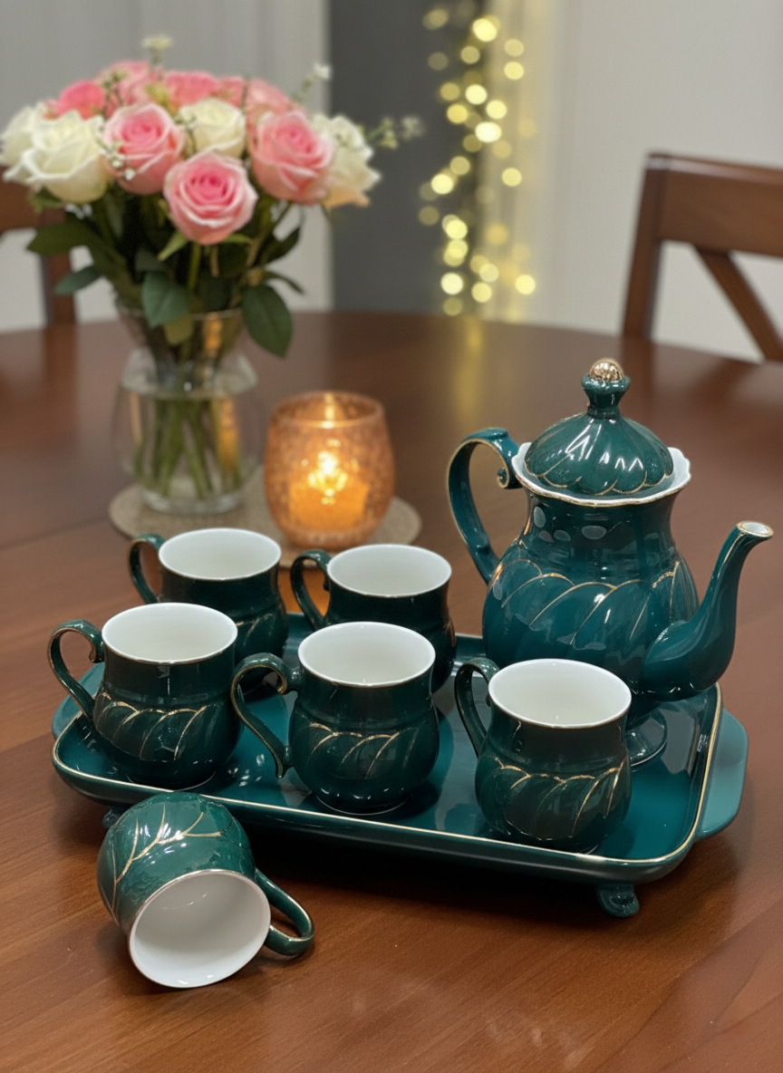 Ceramic breakfast set with 6 cups, kettle, and serving tray.