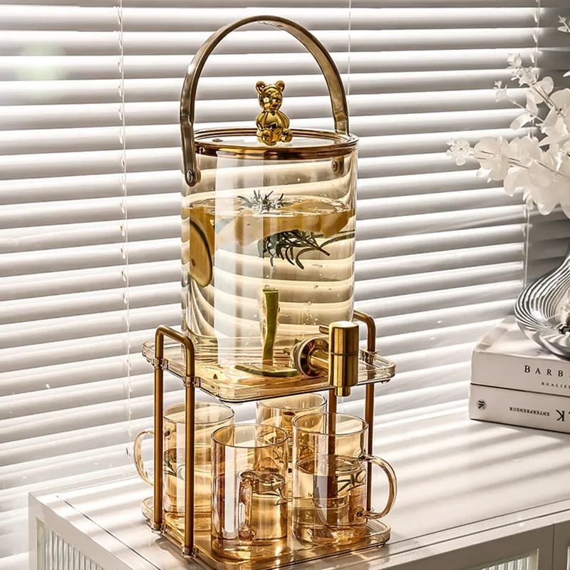 3.6L Glass Cold Water Jug With Faucet And 4 Mugs