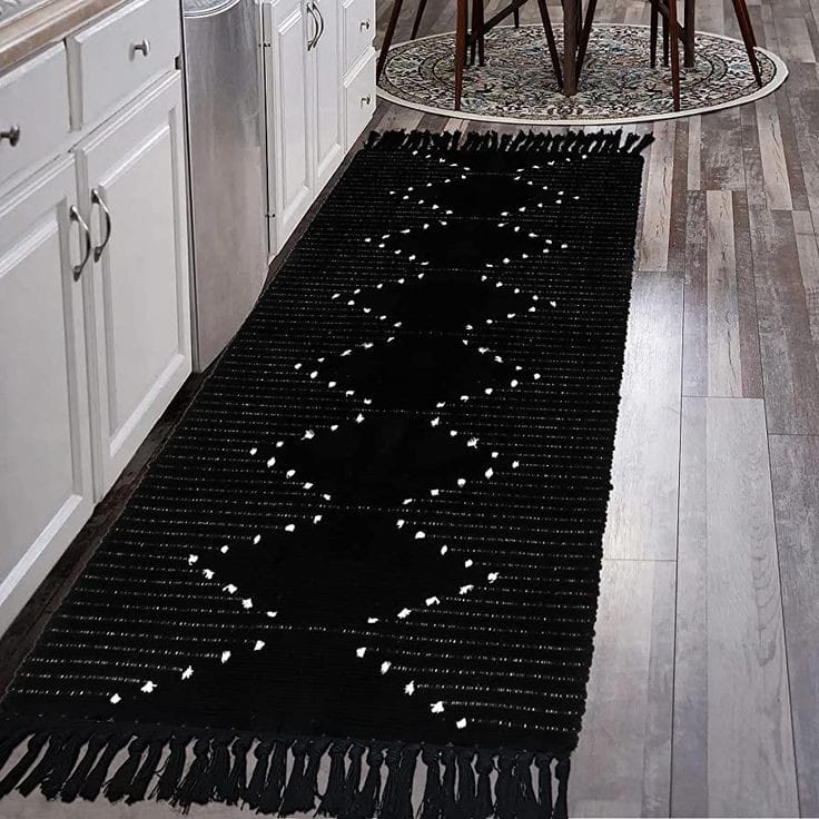 Black bohemian geometric rug with tassels 60×130cm – soft woven accent mat for living room or bedroom décor